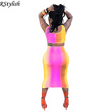 Rainbow Gradient Print Sexy Crop Top Midi Skirt Two Piece Set ASL-6026
