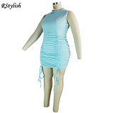Women's Sexy Casual Solid Color O-Neck Drawstring Mini Dress JLY-19197