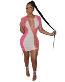 Sexy Patchwork Color Short Sleeve Hollow Out Bandage Mini Dress XY-9097