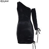 Women Velvet Sexy Hollow Out One Shoulder Bodycon Mini Dress PY-8411