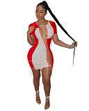 Sexy Patchwork Color Short Sleeve Hollow Out Bandage Mini Dress XY-9097