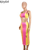 Rainbow Gradient Print Sexy Crop Top Midi Skirt Two Piece Set ASL-6026