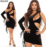 Women Velvet Sexy Hollow Out One Shoulder Bodycon Mini Dress PY-8411