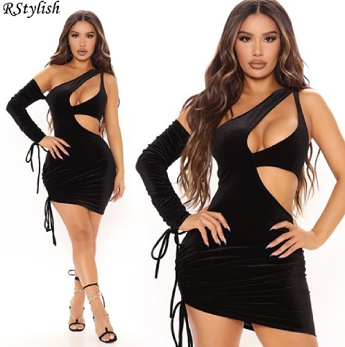 Women Velvet Sexy Hollow Out One Shoulder Bodycon Mini Dress PY-8411