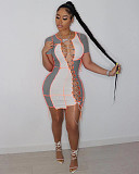 Sexy Patchwork Color Short Sleeve Hollow Out Bandage Mini Dress XY-9097