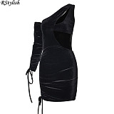 Women Velvet Sexy Hollow Out One Shoulder Bodycon Mini Dress PY-8411