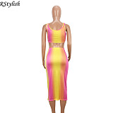 Rainbow Gradient Print Sexy Crop Top Midi Skirt Two Piece Set ASL-6026