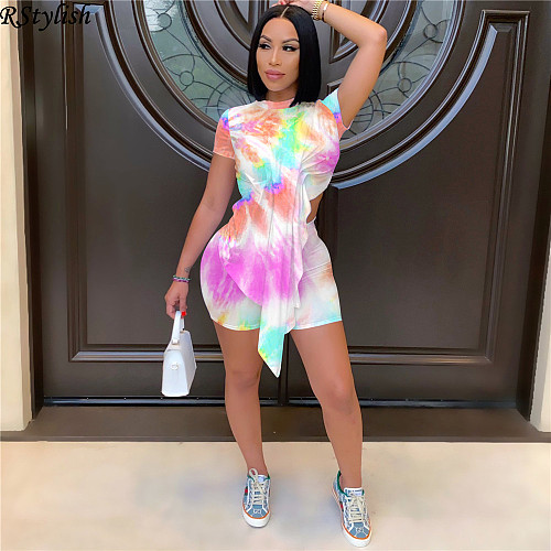 Tie Dye Print Short Sleeve Irregular Tops Biker Shorts 2 Piece Set OYF-8252