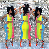 Rainbow Gradient Print Sexy Crop Top Midi Skirt Two Piece Set ASL-6026
