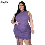 Women's Sexy Casual Solid Color O-Neck Drawstring Mini Dress JLY-19197