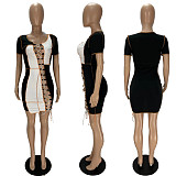 Sexy Patchwork Color Short Sleeve Hollow Out Bandage Mini Dress XY-9097