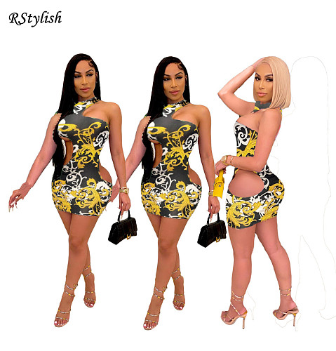 Summer 2021 Print Irregular Hollow Out Bodycon Mini Dress SD-2114-1