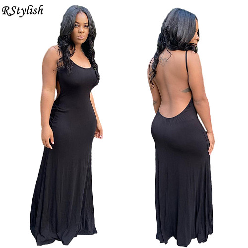 Summer Women Solid Color Backless Party Strap Long Dress YUM-9071