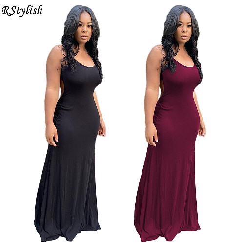 Summer Women Solid Color Backless Party Strap Long Dress YUM-9071