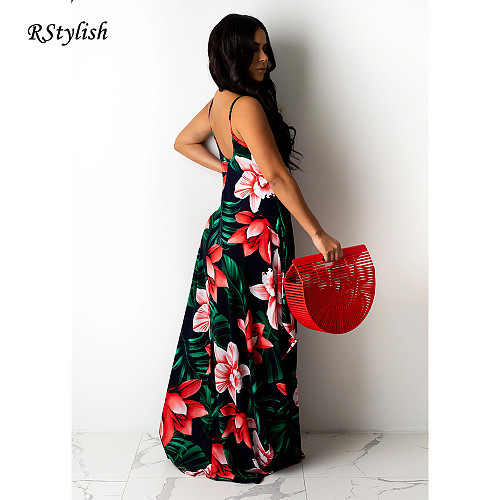 Women Summer Flower Print Loose Sling Sleeveless Long Dress CN-0123