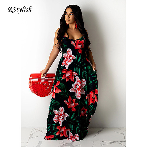Women Summer Flower Print Loose Sling Sleeveless Long Dress CN-0123