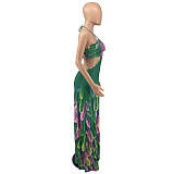 Women Elegant Feathers Print Sleeveless Spaghetti Strap Dress HUH-5032