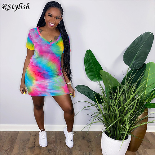 Rainbow Tie Dye Print V Neck Short Sleeve Casual T-shirt Dress BER-8070