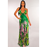 Women Elegant Feathers Print Sleeveless Spaghetti Strap Dress HUH-5032