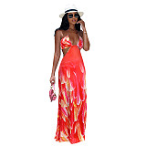 Women Elegant Feathers Print Sleeveless Spaghetti Strap Dress HUH-5032