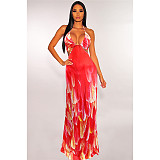 Women Elegant Feathers Print Sleeveless Spaghetti Strap Dress HUH-5032