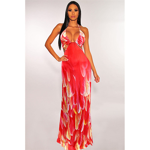 Women Elegant Feathers Print Sleeveless Spaghetti Strap Dress HUH-5032