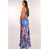Women Elegant Feathers Print Sleeveless Spaghetti Strap Dress HUH-5032