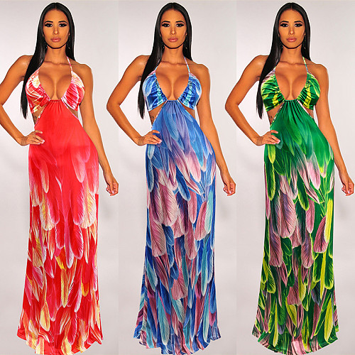 Women Elegant Feathers Print Sleeveless Spaghetti Strap Dress HUH-5032