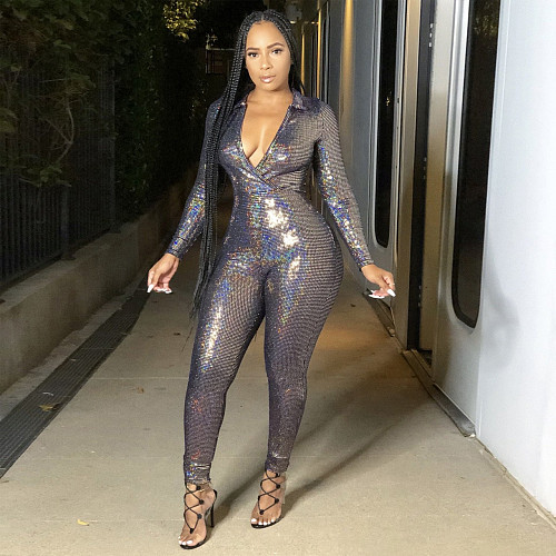 Sexy Bronzing Snakeskin Long Sleeve Deep V Bodycon Jumpsuit FE-030