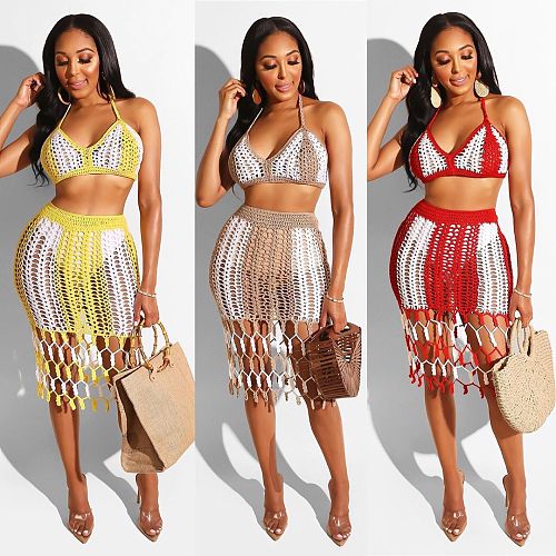 Crochet Knitted Women Bra+Long Tassel Skirts 2 Piece Bikini Set OSM-4072