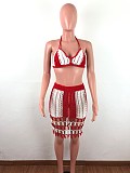 Crochet Knitted Women Bra+Long Tassel Skirts 2 Piece Bikini Set OSM-4072