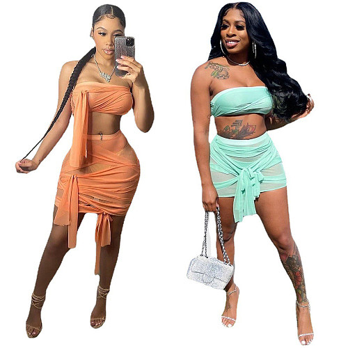 Sexy Solid Mesh Perspective Wrapped Chest Skirt 2 Piece Set BN-9278