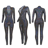 Sexy Bronzing Snakeskin Long Sleeve Deep V Bodycon Jumpsuit FE-030