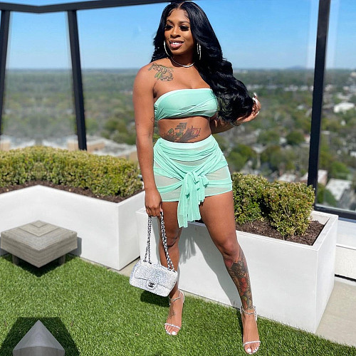Sexy Solid Mesh Perspective Wrapped Chest Skirt 2 Piece Set BN-9278