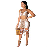 Crochet Knitted Women Bra+Long Tassel Skirts 2 Piece Bikini Set OSM-4072