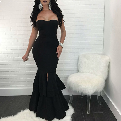 Women's Solid Color Elegant Strapless Fishtail Slit Long Dress LS-0153