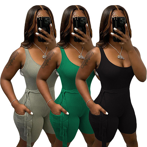 Women Basic Sleeveless Solid Color Rib Knit Stretchy Romper ANDI-0405