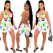 Sexy Colorful Hand Graffiti Print Halter Neck Backless Rompers WSY-5852