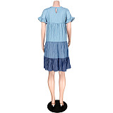 Gradient Stitching Fashion Round Neck Pleating Mid Length Dress ASL-6278