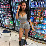 Sexy Solid Elastic Spaghetti Strap Crop Tops Shorts 2 Piece Sets WSY-5858