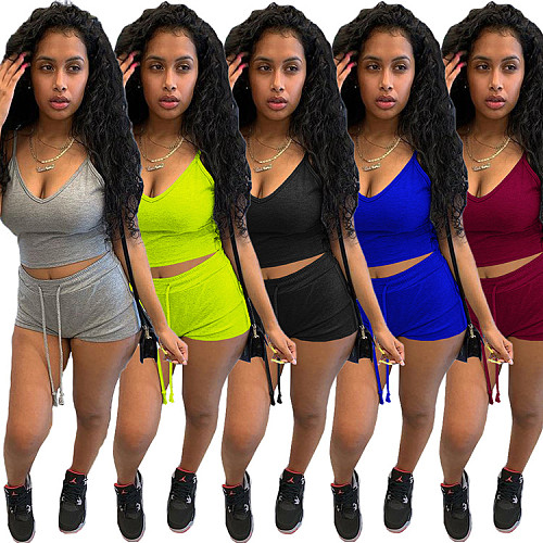 Sexy Solid Elastic Spaghetti Strap Crop Tops Shorts 2 Piece Sets WSY-5858