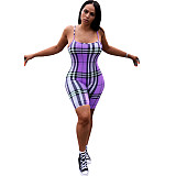 Summer Plaid Print Bodycon Backless Spaghetti Strap Romper AL-024