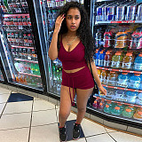 Sexy Solid Elastic Spaghetti Strap Crop Tops Shorts 2 Piece Sets WSY-5858