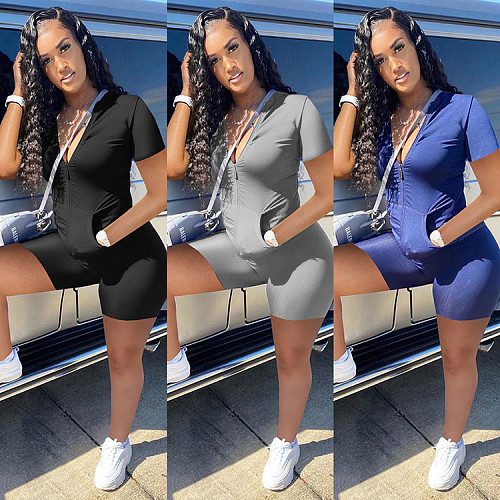 Women Set Solid Zipper Short Sleeve Tops Shorts Two Piece Set WSY-5861