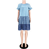 Gradient Stitching Fashion Round Neck Pleating Mid Length Dress ASL-6278