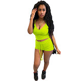 Sexy Solid Elastic Spaghetti Strap Crop Tops Shorts 2 Piece Sets WSY-5858