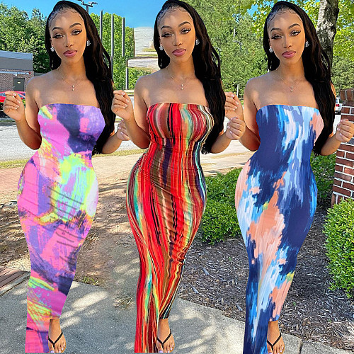 Colorful Tie-Dye Off-The-Shoulder Strapless Dress BGN-063