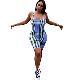 Summer Plaid Print Bodycon Backless Spaghetti Strap Romper AL-024