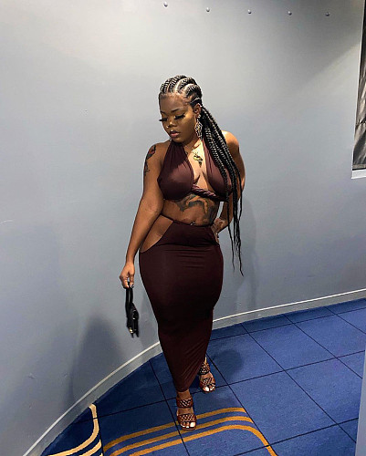 Sexy Solid Halter Backless Crop Tops Long Skirts Two Pieces Set WSY-5832