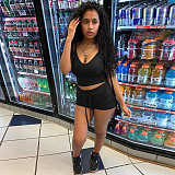 Sexy Solid Elastic Spaghetti Strap Crop Tops Shorts 2 Piece Sets WSY-5858